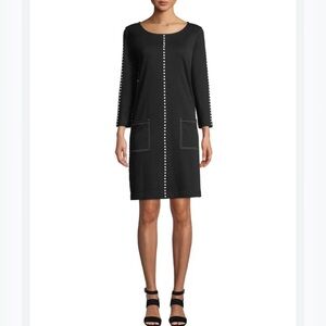 Joan Vass Black Cotton Shift Dress, Pockets, White Dot Accents, Career, Plus, 1X